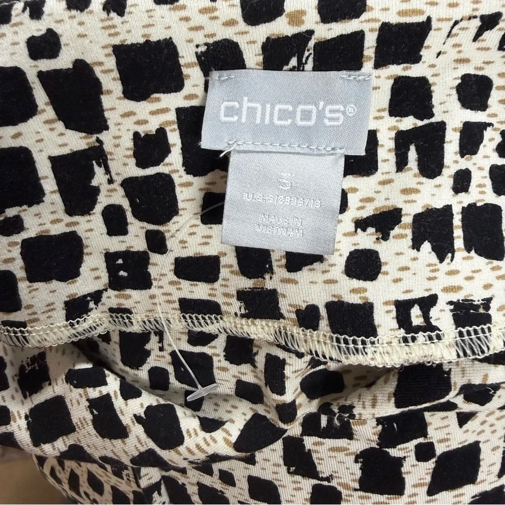 Chicos Split Neck Tie Waist Dress Women's Size 3 XL Black‎ & White 3/4 Sleeve
